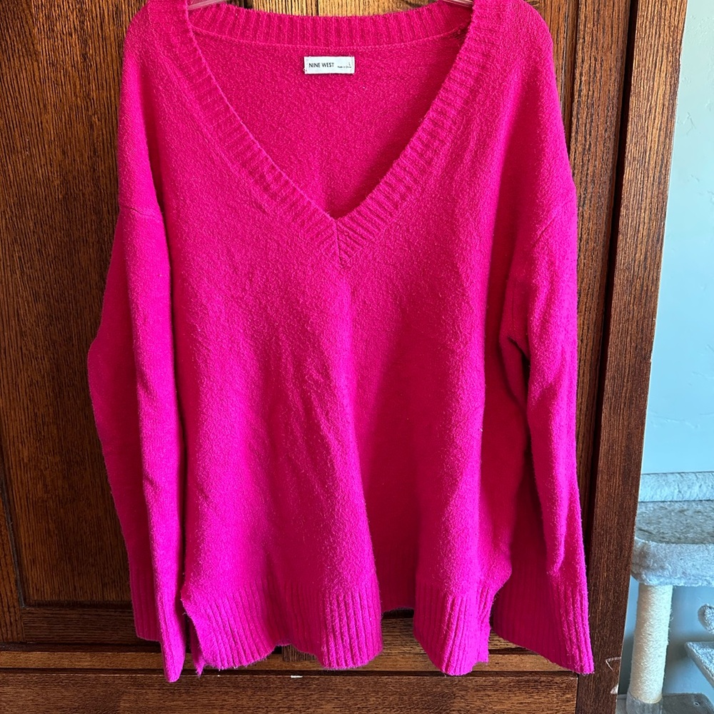 Nine West Women's V-Neck Sweater in Bright Fuchsia Pink